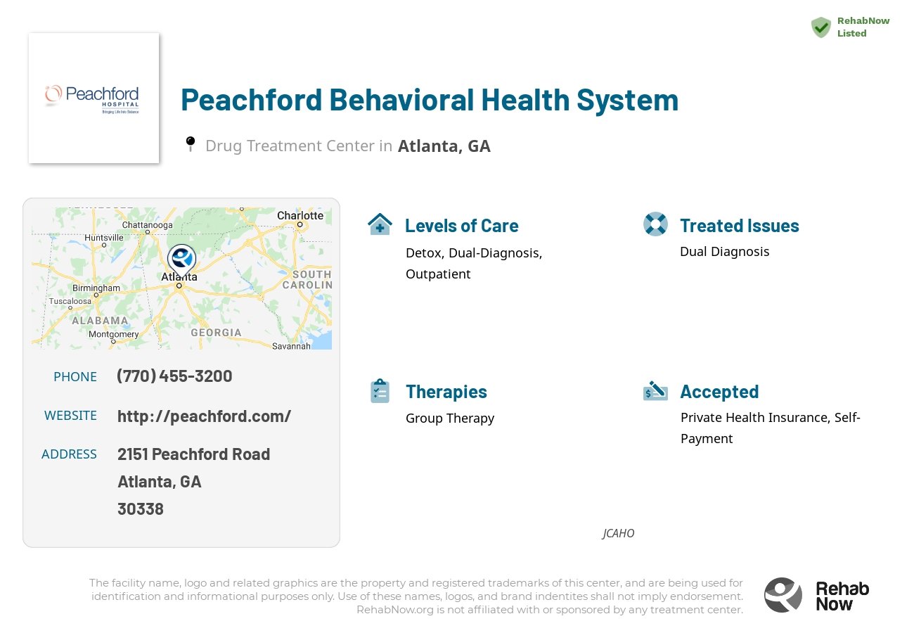 Helpful reference information for Peachford Behavioral Health System, a drug treatment center in Georgia located at: 2151 2151 Peachford Road, Atlanta, GA 30338, including phone numbers, official website, and more. Listed briefly is an overview of Levels of Care, Therapies Offered, Issues Treated, and accepted forms of Payment Methods.