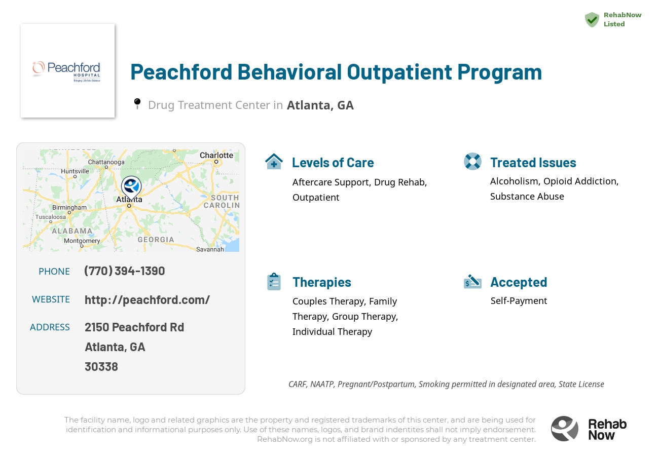 Helpful reference information for Peachford Behavioral Outpatient Program, a drug treatment center in Georgia located at: 2150 2150 Peachford Rd, Atlanta, GA 30338, including phone numbers, official website, and more. Listed briefly is an overview of Levels of Care, Therapies Offered, Issues Treated, and accepted forms of Payment Methods.