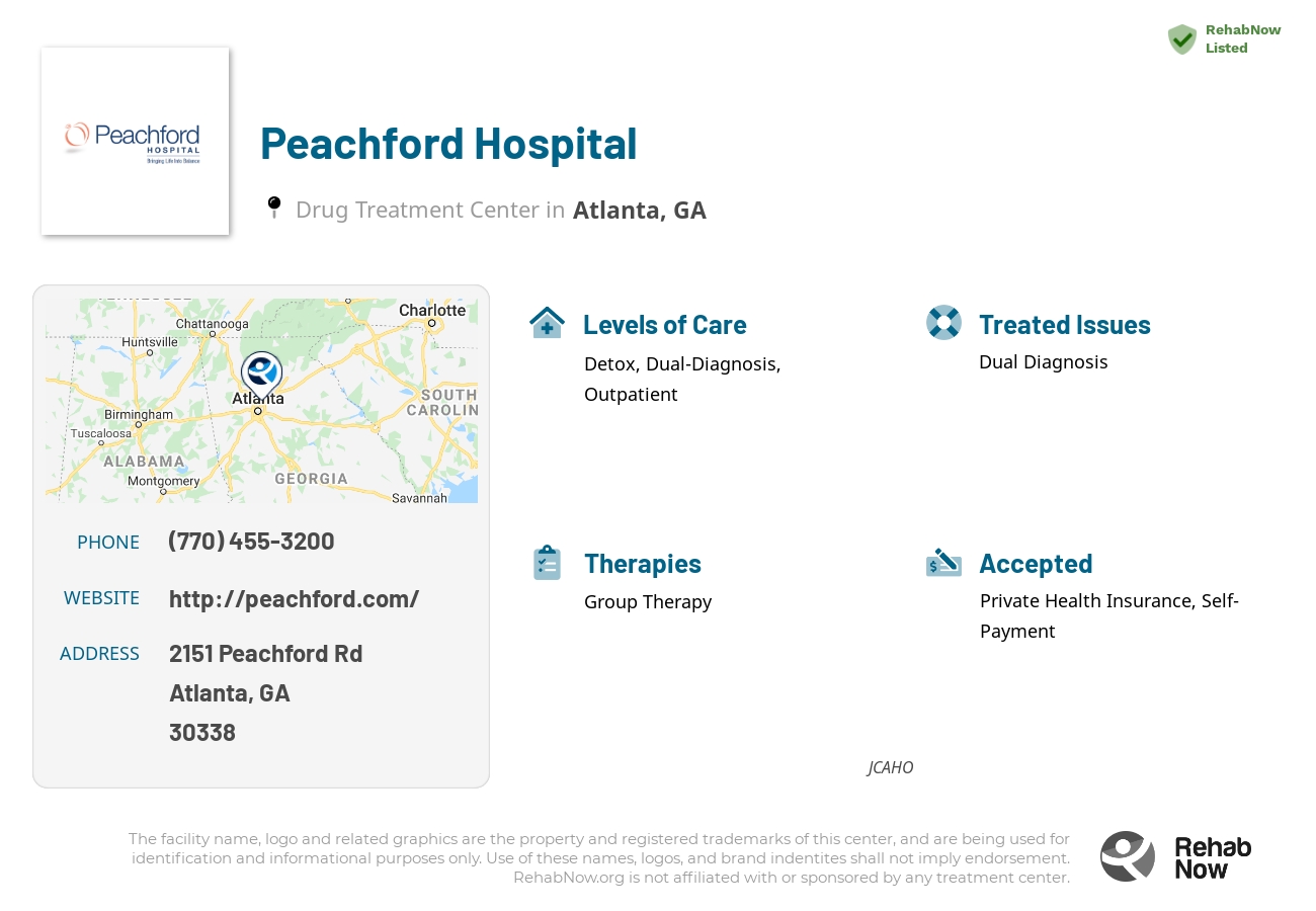 Helpful reference information for Peachford Hospital, a drug treatment center in Georgia located at: 2151 Peachford Rd, Atlanta, GA 30338, including phone numbers, official website, and more. Listed briefly is an overview of Levels of Care, Therapies Offered, Issues Treated, and accepted forms of Payment Methods.