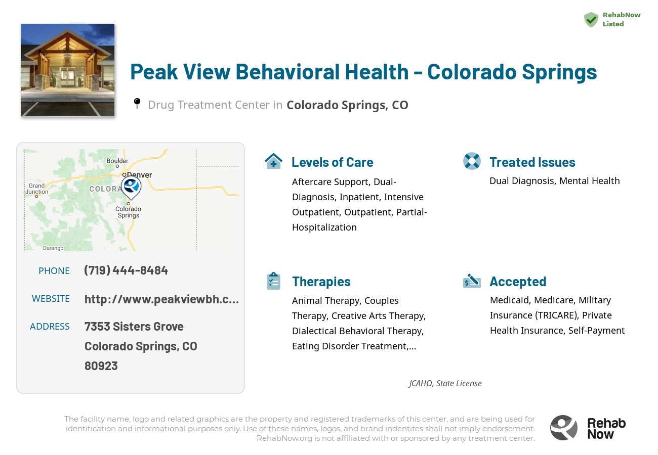 Helpful reference information for Peak View Behavioral Health - Colorado Springs, a drug treatment center in Colorado located at: 7353 Sisters Grove, Colorado Springs, CO, 80923, including phone numbers, official website, and more. Listed briefly is an overview of Levels of Care, Therapies Offered, Issues Treated, and accepted forms of Payment Methods.