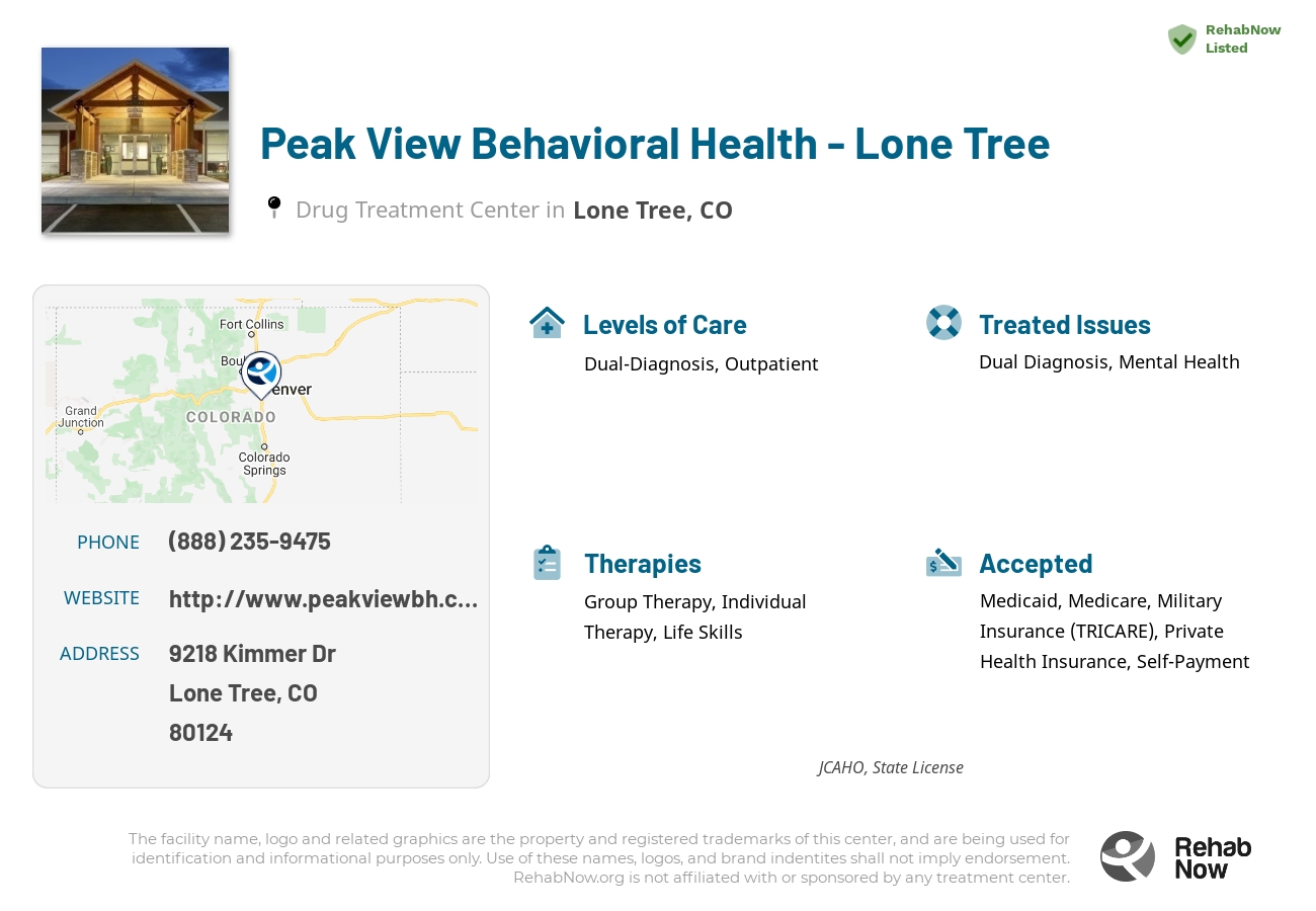 Helpful reference information for Peak View Behavioral Health - Lone Tree, a drug treatment center in Colorado located at: 9218 Kimmer Dr Suite 200, Lone Tree, CO, 80124, including phone numbers, official website, and more. Listed briefly is an overview of Levels of Care, Therapies Offered, Issues Treated, and accepted forms of Payment Methods.