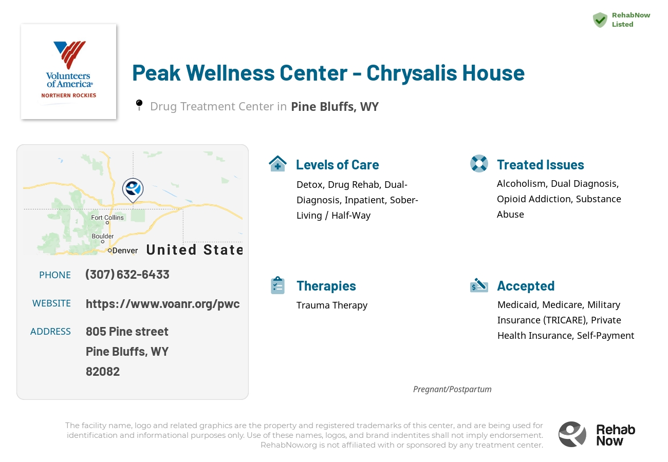 Helpful reference information for Peak Wellness Center - Chrysalis House, a drug treatment center in Wyoming located at: 805 805 Pine street, Pine Bluffs, WY 82082, including phone numbers, official website, and more. Listed briefly is an overview of Levels of Care, Therapies Offered, Issues Treated, and accepted forms of Payment Methods.