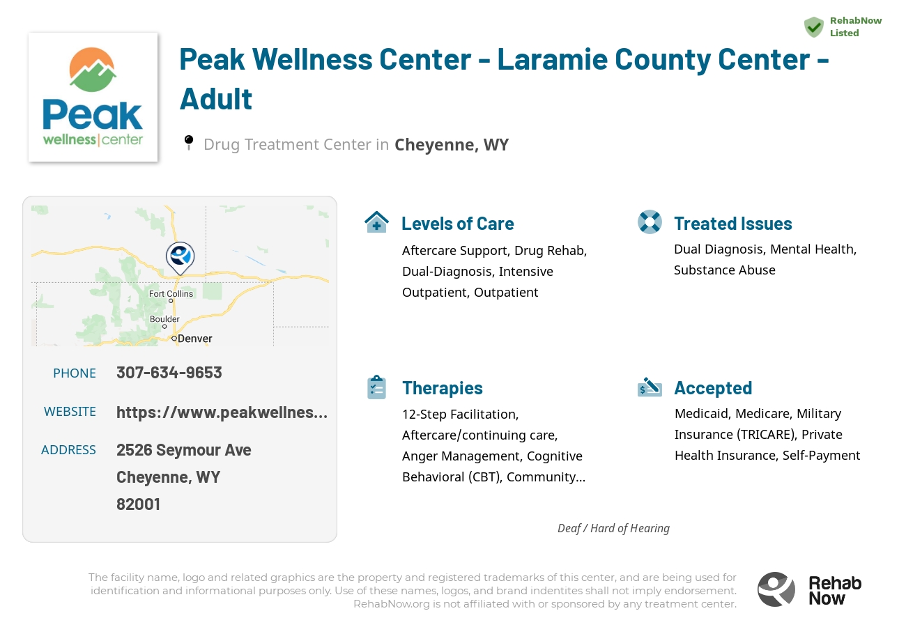 Helpful reference information for Peak Wellness Center - Laramie County Center - Adult, a drug treatment center in Wyoming located at: 2526 Seymour Ave, Cheyenne, WY 82001, including phone numbers, official website, and more. Listed briefly is an overview of Levels of Care, Therapies Offered, Issues Treated, and accepted forms of Payment Methods.