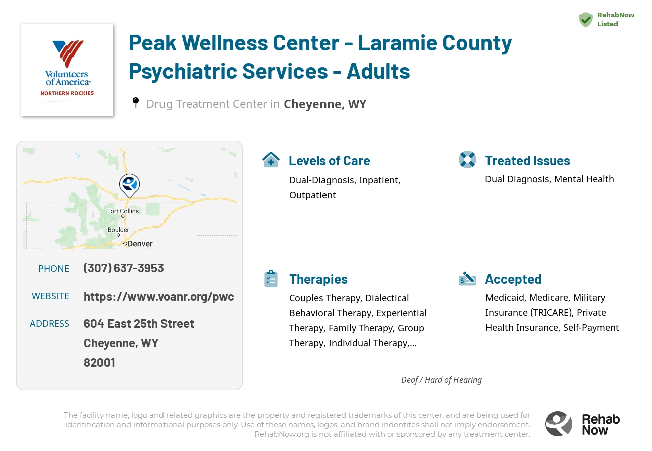 Helpful reference information for Peak Wellness Center - Laramie County Psychiatric Services - Adults, a drug treatment center in Wyoming located at: 604 604 East 25th Street, Cheyenne, WY 82001, including phone numbers, official website, and more. Listed briefly is an overview of Levels of Care, Therapies Offered, Issues Treated, and accepted forms of Payment Methods.