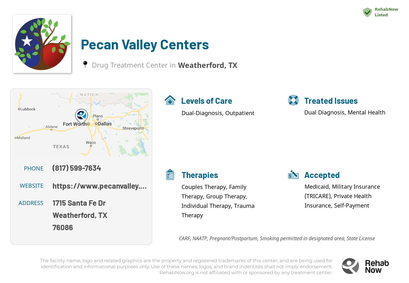 Helpful reference information for Pecan Valley Centers, a drug treatment center in Texas located at: 1715 Santa Fe Dr, Weatherford, TX 76086, including phone numbers, official website, and more. Listed briefly is an overview of Levels of Care, Therapies Offered, Issues Treated, and accepted forms of Payment Methods.