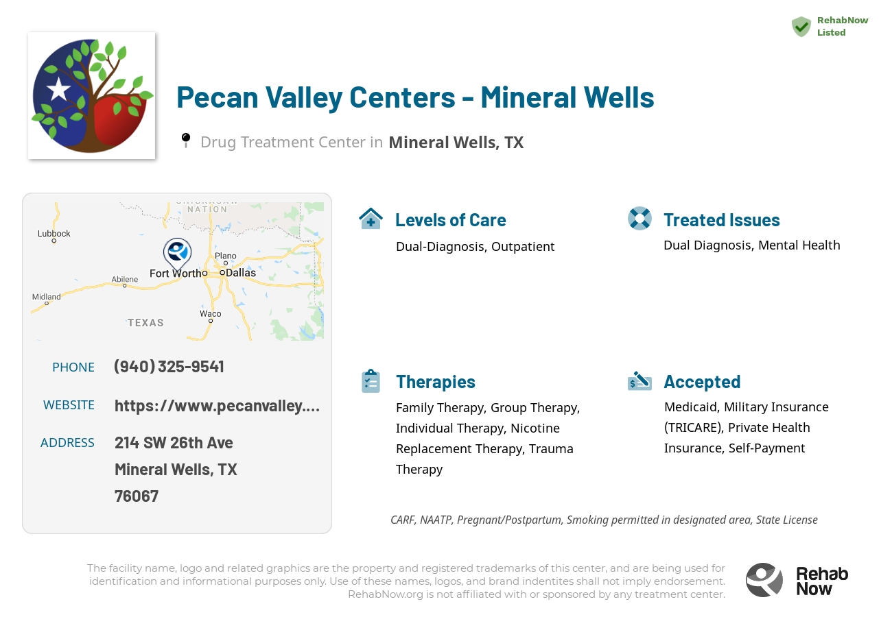 Helpful reference information for Pecan Valley Centers - Mineral Wells, a drug treatment center in Texas located at: 214 SW 26th Ave, Mineral Wells, TX 76067, including phone numbers, official website, and more. Listed briefly is an overview of Levels of Care, Therapies Offered, Issues Treated, and accepted forms of Payment Methods.