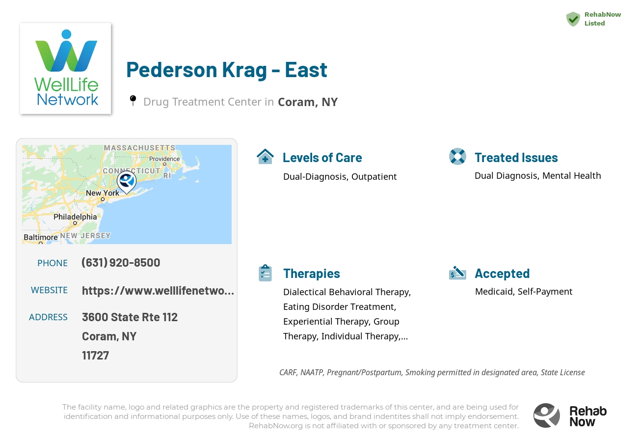 Helpful reference information for Pederson Krag - East, a drug treatment center in New York located at: 3600 State Rte 112, Coram, NY 11727, including phone numbers, official website, and more. Listed briefly is an overview of Levels of Care, Therapies Offered, Issues Treated, and accepted forms of Payment Methods.