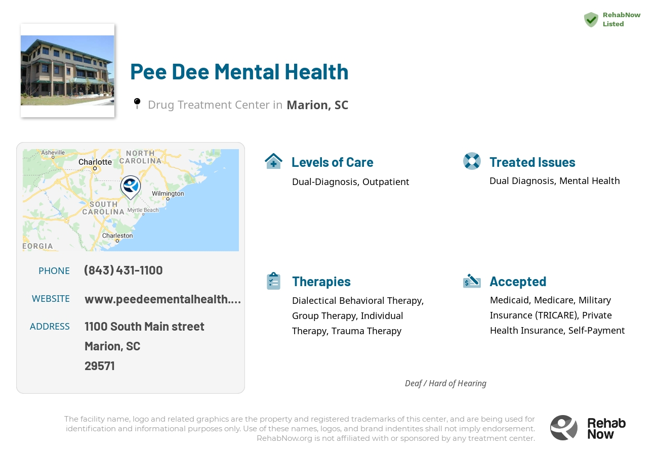 Helpful reference information for Pee Dee Mental Health, a drug treatment center in South Carolina located at: 1100 1100 South Main street, Marion, SC 29571, including phone numbers, official website, and more. Listed briefly is an overview of Levels of Care, Therapies Offered, Issues Treated, and accepted forms of Payment Methods.