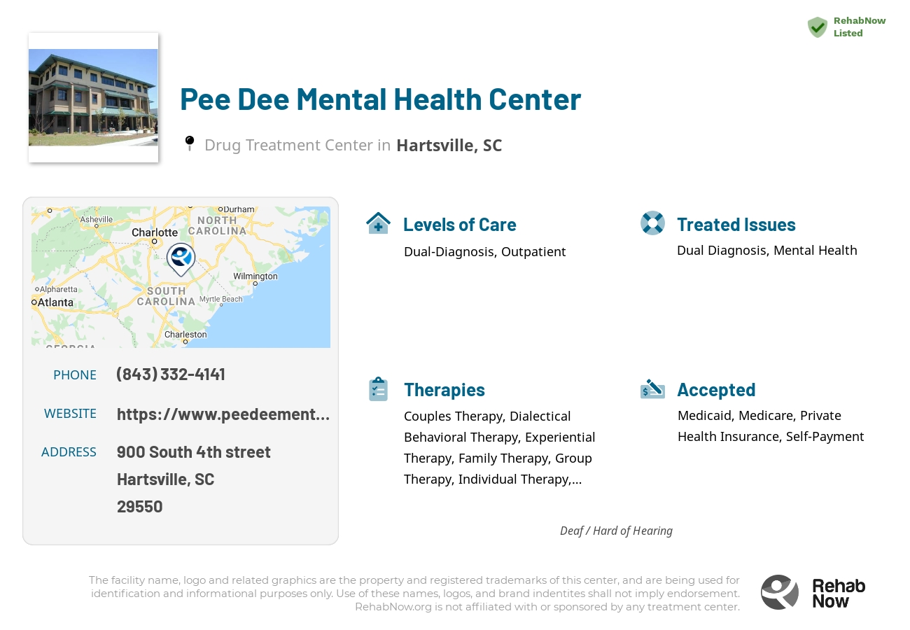 Helpful reference information for Pee Dee Mental Health Center, a drug treatment center in South Carolina located at: 900 900 South 4th street, Hartsville, SC 29550, including phone numbers, official website, and more. Listed briefly is an overview of Levels of Care, Therapies Offered, Issues Treated, and accepted forms of Payment Methods.
