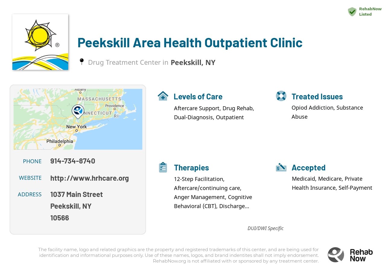 Helpful reference information for Peekskill Area Health Outpatient Clinic, a drug treatment center in New York located at: 1037 Main Street, Peekskill, NY 10566, including phone numbers, official website, and more. Listed briefly is an overview of Levels of Care, Therapies Offered, Issues Treated, and accepted forms of Payment Methods.