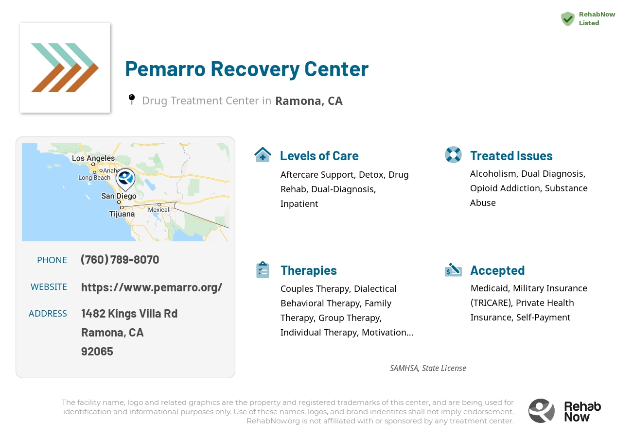 Helpful reference information for Pemarro Recovery Center, a drug treatment center in California located at: 1482 Kings Villa Rd, Ramona, CA 92065, including phone numbers, official website, and more. Listed briefly is an overview of Levels of Care, Therapies Offered, Issues Treated, and accepted forms of Payment Methods.