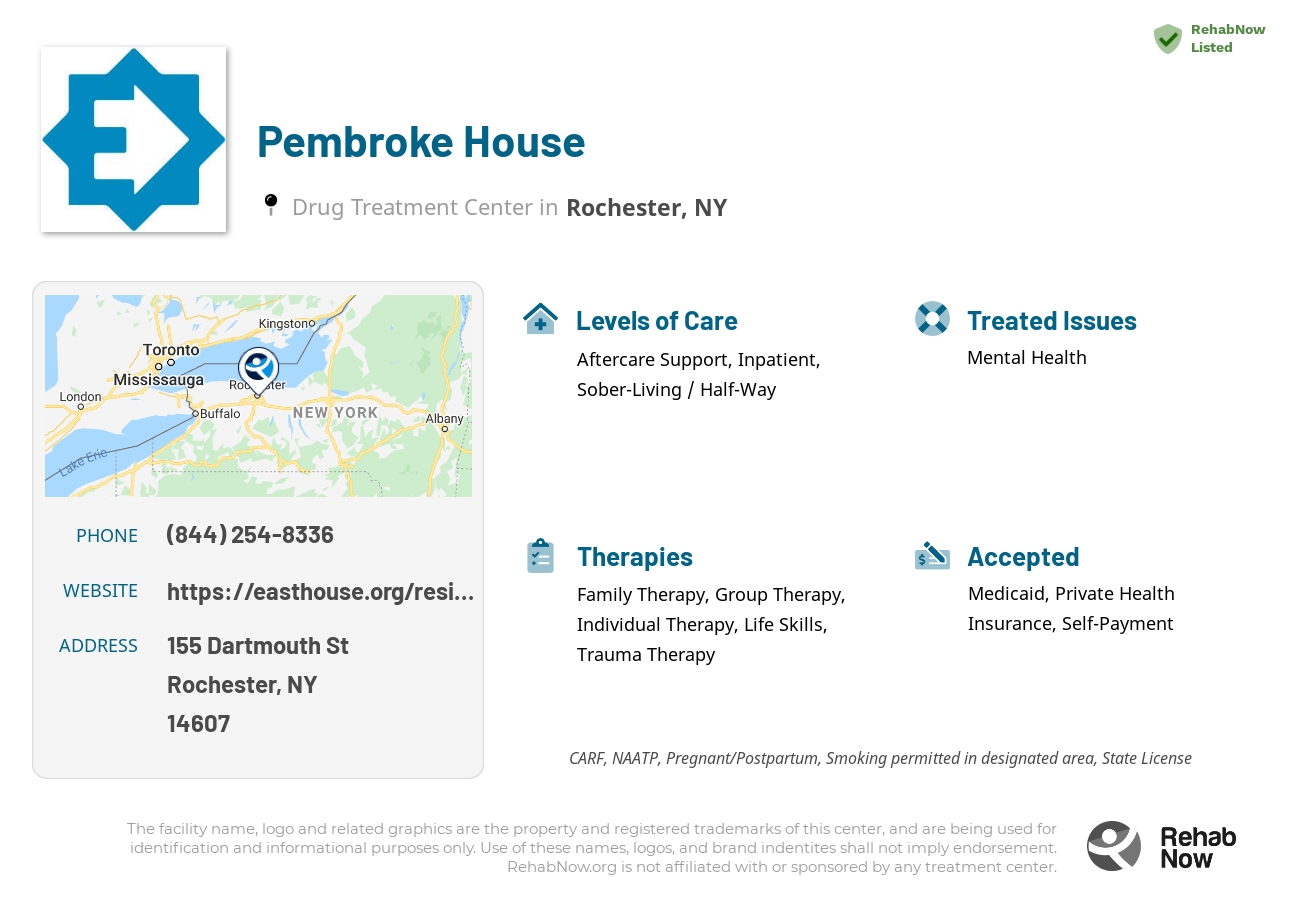Helpful reference information for Pembroke House, a drug treatment center in New York located at: 155 Dartmouth St, Rochester, NY 14607, including phone numbers, official website, and more. Listed briefly is an overview of Levels of Care, Therapies Offered, Issues Treated, and accepted forms of Payment Methods.