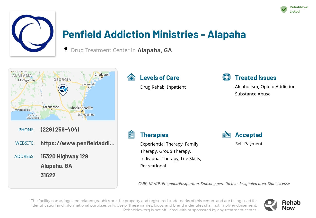 Helpful reference information for Penfield Addiction Ministries - Alapaha, a drug treatment center in Georgia located at: 15320 15320 Highway 129, Alapaha, GA 31622, including phone numbers, official website, and more. Listed briefly is an overview of Levels of Care, Therapies Offered, Issues Treated, and accepted forms of Payment Methods.
