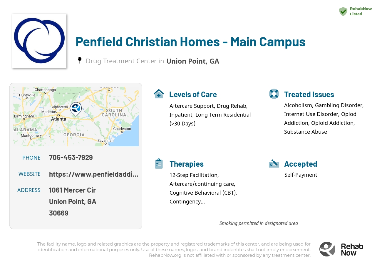 Helpful reference information for Penfield Christian Homes - Main Campus, a drug treatment center in Georgia located at: 1061 Mercer Cir, Union Point, GA 30669, including phone numbers, official website, and more. Listed briefly is an overview of Levels of Care, Therapies Offered, Issues Treated, and accepted forms of Payment Methods.