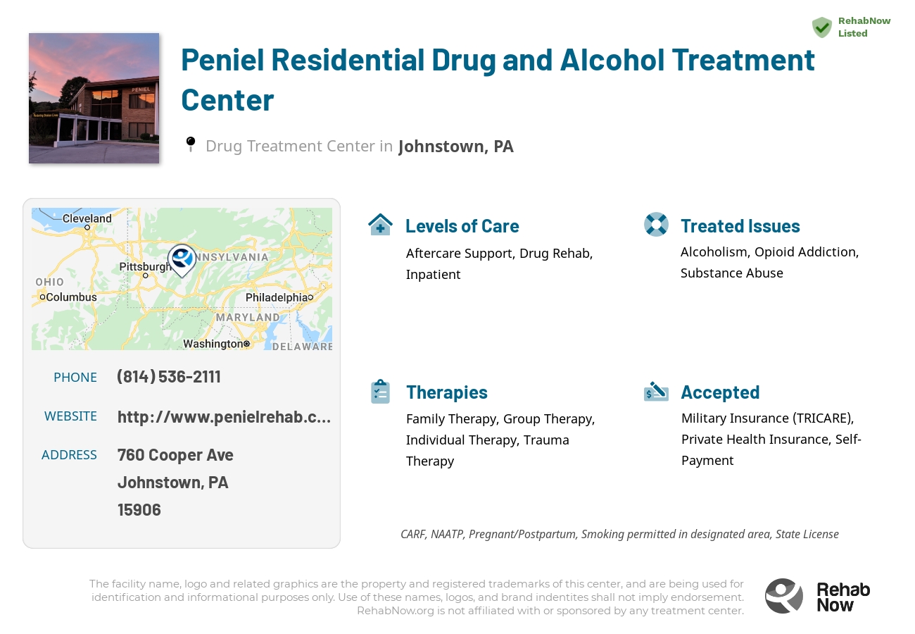 Helpful reference information for Peniel Residential Drug and Alcohol Treatment Center, a drug treatment center in Pennsylvania located at: 760 Cooper Ave, Johnstown, PA 15906, including phone numbers, official website, and more. Listed briefly is an overview of Levels of Care, Therapies Offered, Issues Treated, and accepted forms of Payment Methods.
