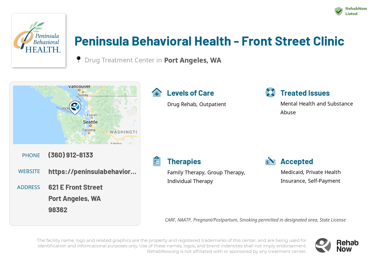Helpful reference information for Peninsula Behavioral Health - Front Street Clinic, a drug treatment center in Washington located at: 621 E Front Street, Port Angeles, WA, 98362, including phone numbers, official website, and more. Listed briefly is an overview of Levels of Care, Therapies Offered, Issues Treated, and accepted forms of Payment Methods.