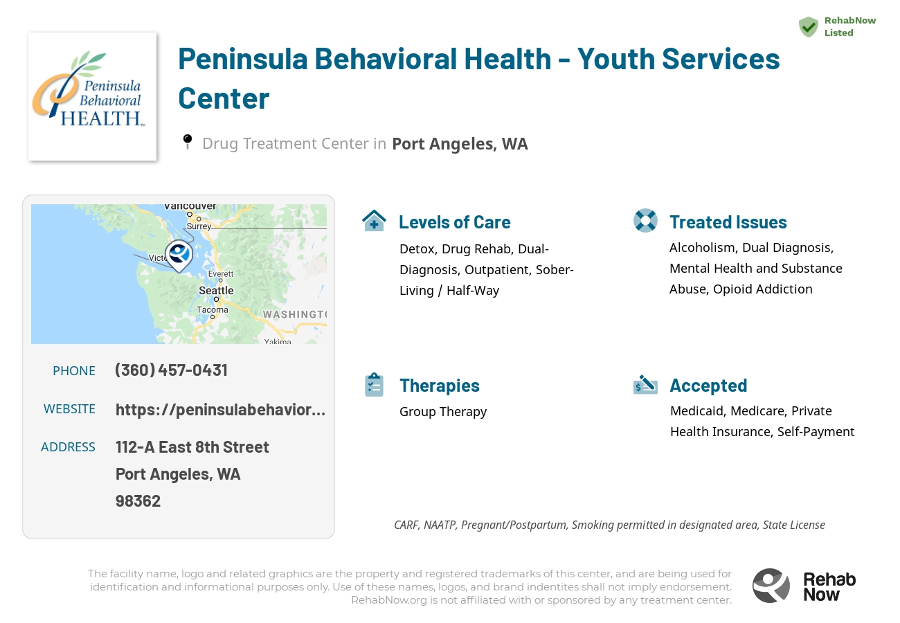 Helpful reference information for Peninsula Behavioral Health - Youth Services Center, a drug treatment center in Washington located at: 112-A East 8th Street, Port Angeles, WA, 98362, including phone numbers, official website, and more. Listed briefly is an overview of Levels of Care, Therapies Offered, Issues Treated, and accepted forms of Payment Methods.