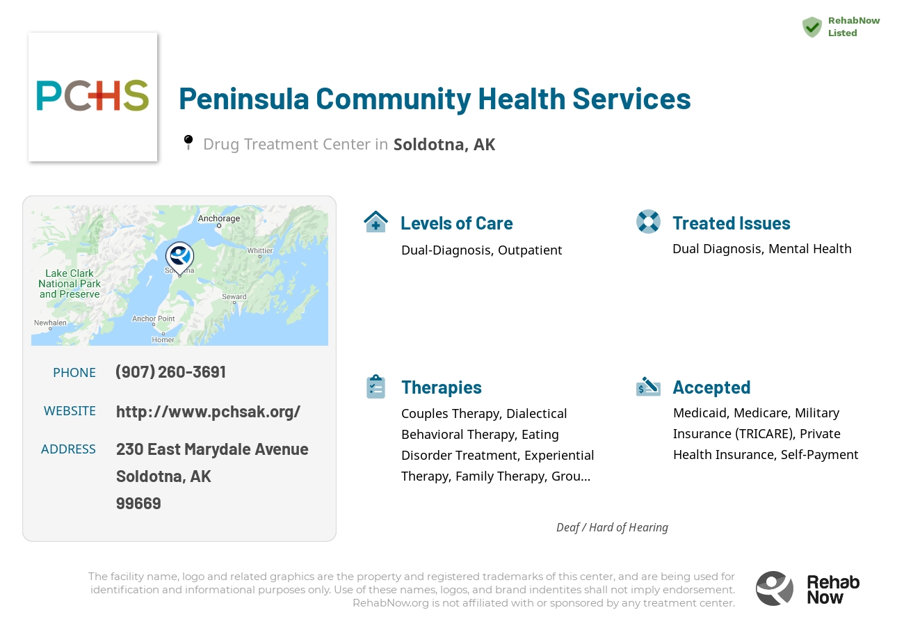 Helpful reference information for Peninsula Community Health Services, a drug treatment center in Alaska located at: 230 East Marydale Avenue, Soldotna, AK, 99669, including phone numbers, official website, and more. Listed briefly is an overview of Levels of Care, Therapies Offered, Issues Treated, and accepted forms of Payment Methods.