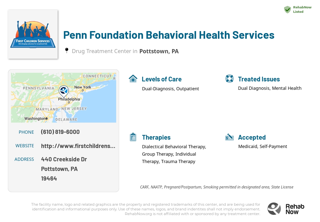 Helpful reference information for Penn Foundation Behavioral Health Services, a drug treatment center in Pennsylvania located at: 440 Creekside Dr, Pottstown, PA 19464, including phone numbers, official website, and more. Listed briefly is an overview of Levels of Care, Therapies Offered, Issues Treated, and accepted forms of Payment Methods.