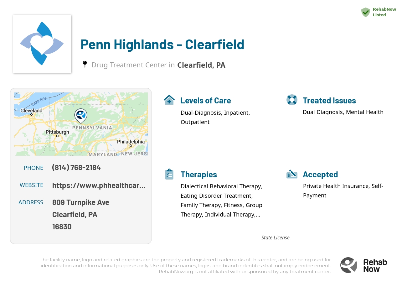 Helpful reference information for Penn Highlands - Clearfield, a drug treatment center in Pennsylvania located at: 809 Turnpike Ave, Clearfield, PA 16830, including phone numbers, official website, and more. Listed briefly is an overview of Levels of Care, Therapies Offered, Issues Treated, and accepted forms of Payment Methods.