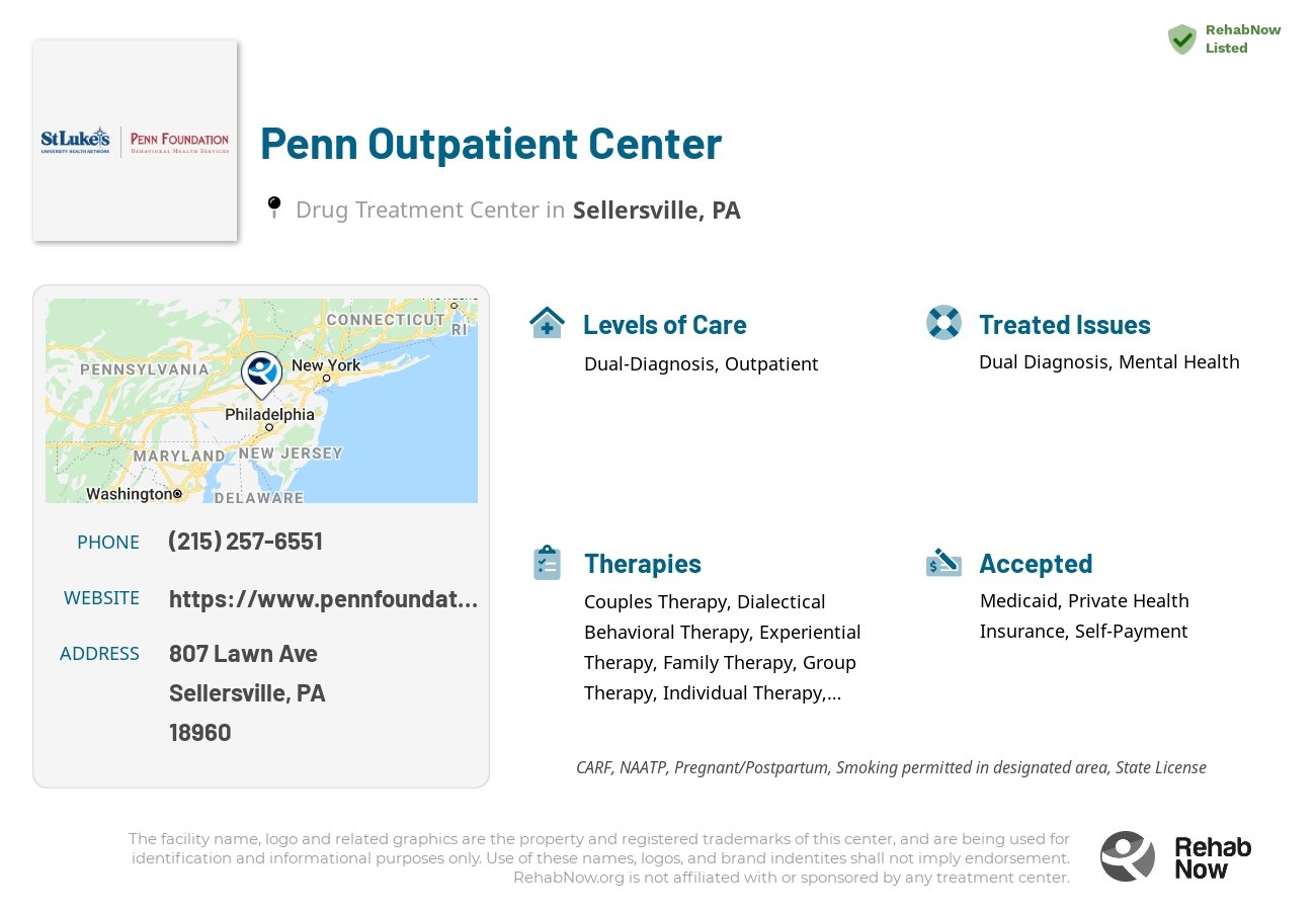 Helpful reference information for Penn Outpatient Center, a drug treatment center in Pennsylvania located at: 807 Lawn Ave, Sellersville, PA 18960, including phone numbers, official website, and more. Listed briefly is an overview of Levels of Care, Therapies Offered, Issues Treated, and accepted forms of Payment Methods.