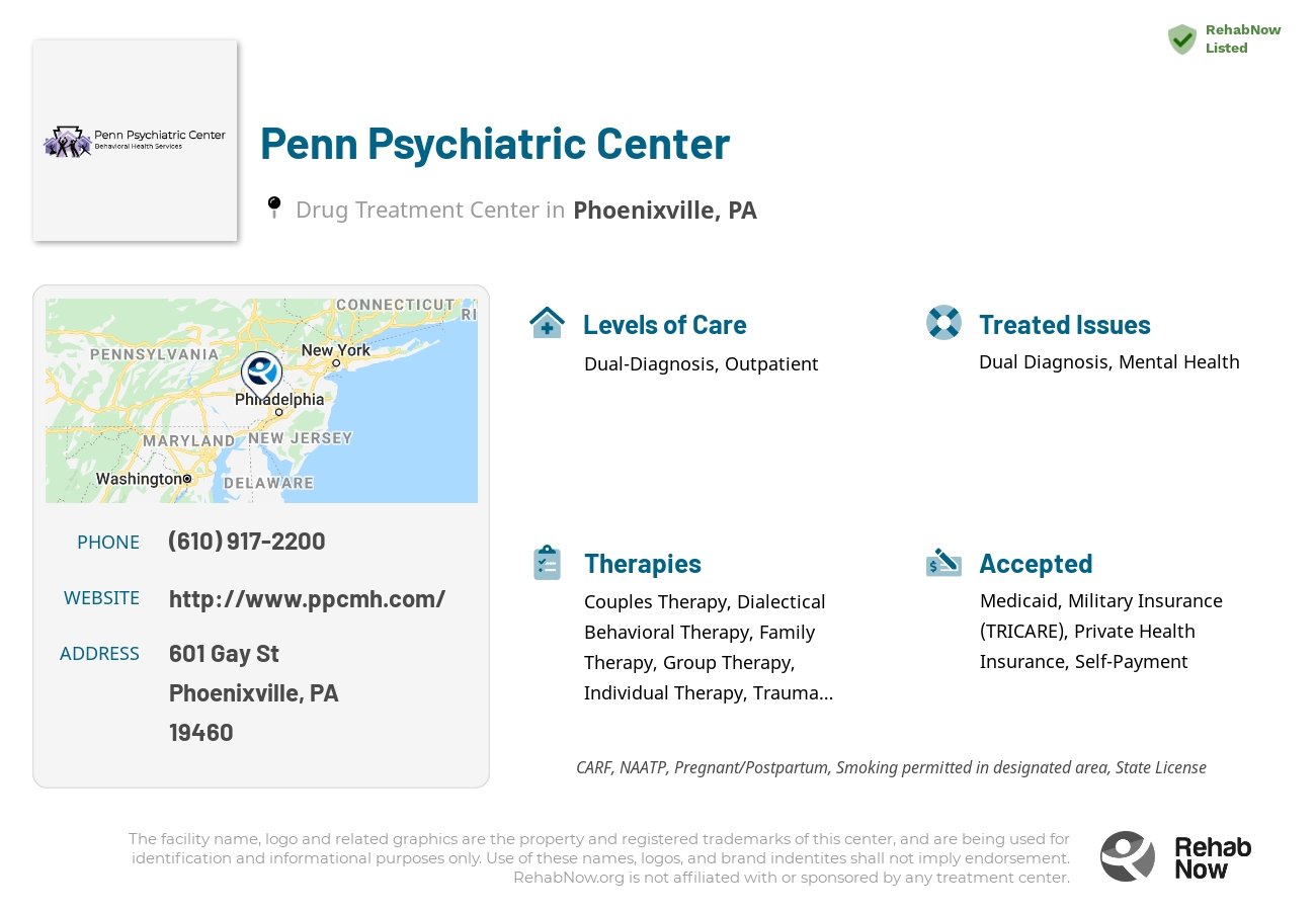 Helpful reference information for Penn Psychiatric Center, a drug treatment center in Pennsylvania located at: 601 Gay St, Phoenixville, PA 19460, including phone numbers, official website, and more. Listed briefly is an overview of Levels of Care, Therapies Offered, Issues Treated, and accepted forms of Payment Methods.