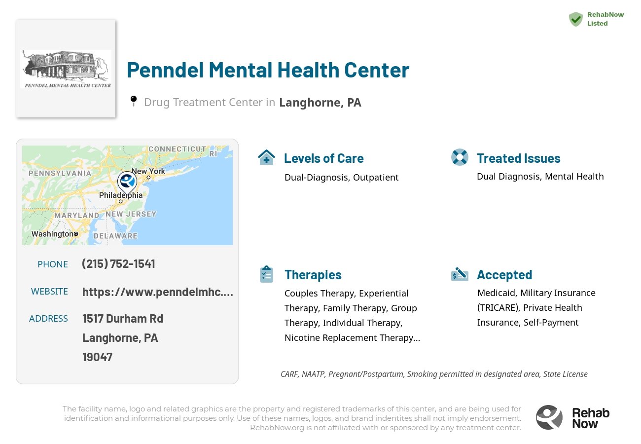 Helpful reference information for Penndel Mental Health Center, a drug treatment center in Pennsylvania located at: 1517 Durham Rd, Langhorne, PA 19047, including phone numbers, official website, and more. Listed briefly is an overview of Levels of Care, Therapies Offered, Issues Treated, and accepted forms of Payment Methods.