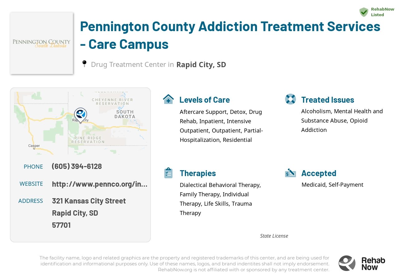 Helpful reference information for Pennington County Addiction Treatment Services - Care Campus, a drug treatment center in South Dakota located at: 321 321 Kansas City Street, Rapid City, SD 57701, including phone numbers, official website, and more. Listed briefly is an overview of Levels of Care, Therapies Offered, Issues Treated, and accepted forms of Payment Methods.