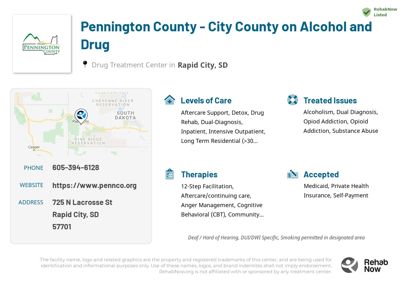 Helpful reference information for Pennington County - City County on Alcohol and Drug, a drug treatment center in South Dakota located at: 725 N Lacrosse St, Rapid City, SD 57701, including phone numbers, official website, and more. Listed briefly is an overview of Levels of Care, Therapies Offered, Issues Treated, and accepted forms of Payment Methods.