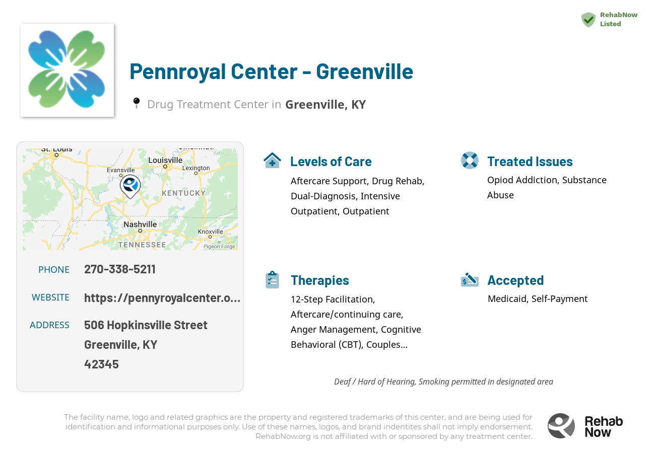 Helpful reference information for Pennroyal Center - Greenville, a drug treatment center in Kentucky located at: 506 Hopkinsville Street, Greenville, KY 42345, including phone numbers, official website, and more. Listed briefly is an overview of Levels of Care, Therapies Offered, Issues Treated, and accepted forms of Payment Methods.