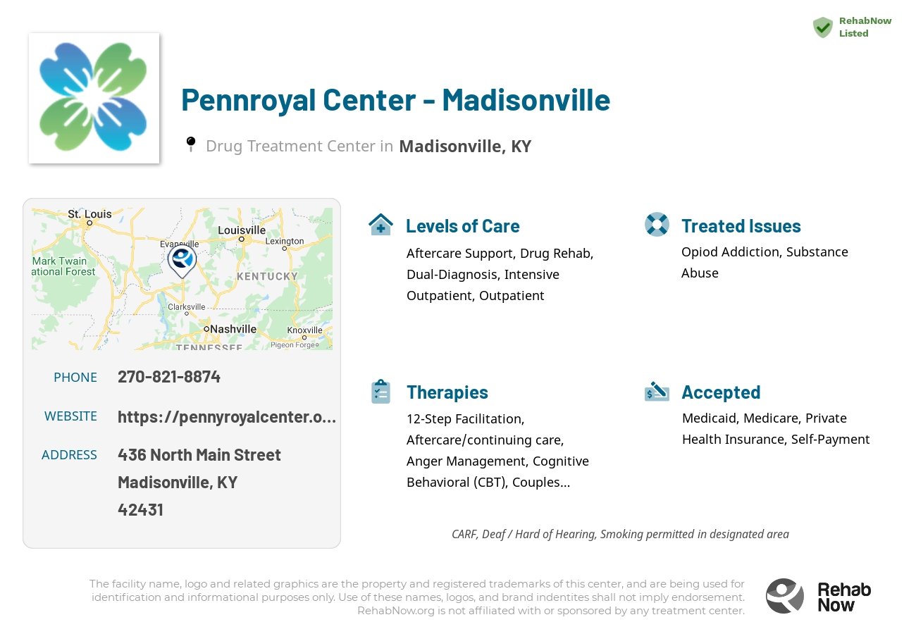 Helpful reference information for Pennroyal Center - Madisonville, a drug treatment center in Kentucky located at: 436 North Main Street, Madisonville, KY 42431, including phone numbers, official website, and more. Listed briefly is an overview of Levels of Care, Therapies Offered, Issues Treated, and accepted forms of Payment Methods.