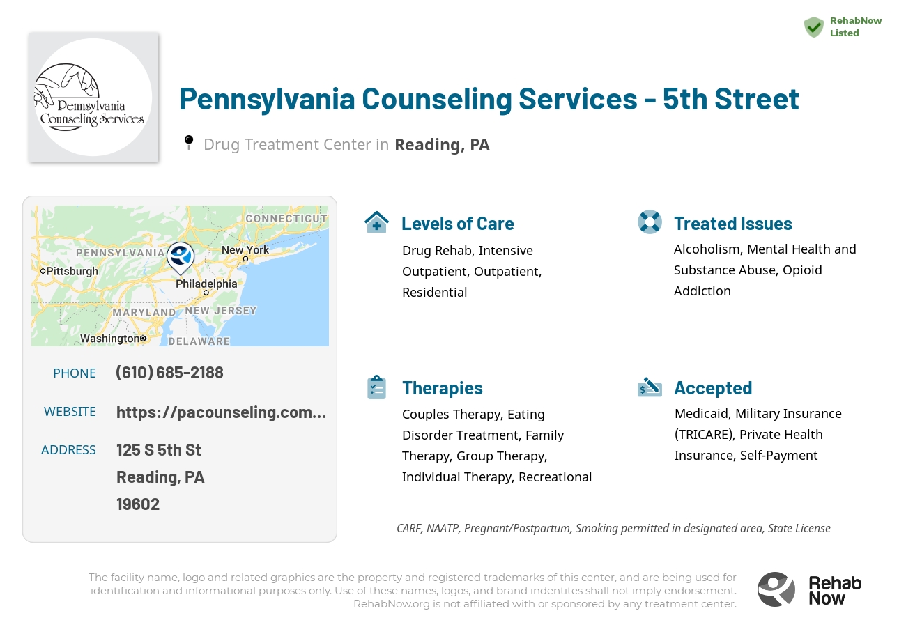 Helpful reference information for Pennsylvania Counseling Services - 5th Street, a drug treatment center in Pennsylvania located at: 125 S 5th St, Reading, PA 19602, including phone numbers, official website, and more. Listed briefly is an overview of Levels of Care, Therapies Offered, Issues Treated, and accepted forms of Payment Methods.