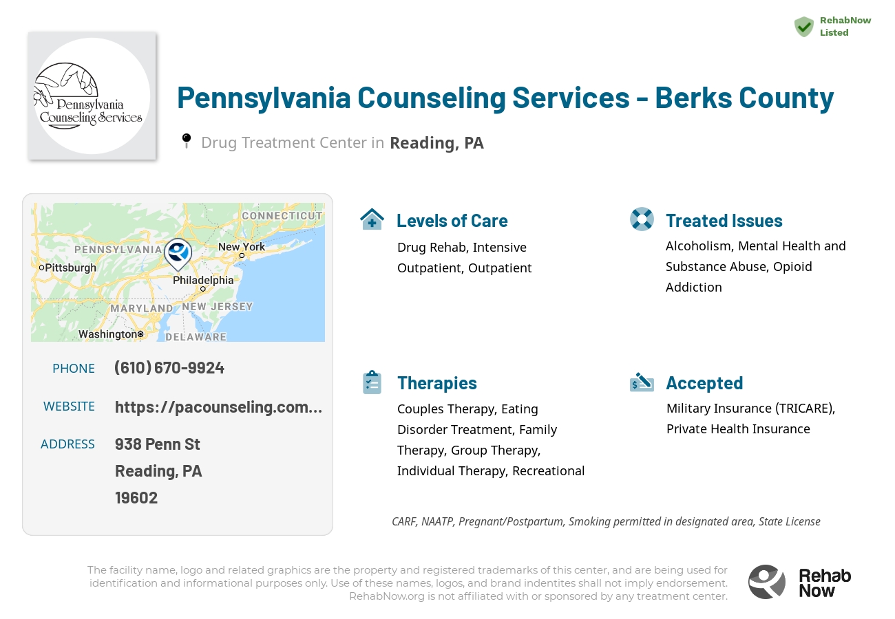 Helpful reference information for Pennsylvania Counseling Services - Berks County, a drug treatment center in Pennsylvania located at: 938 Penn St, Reading, PA 19602, including phone numbers, official website, and more. Listed briefly is an overview of Levels of Care, Therapies Offered, Issues Treated, and accepted forms of Payment Methods.