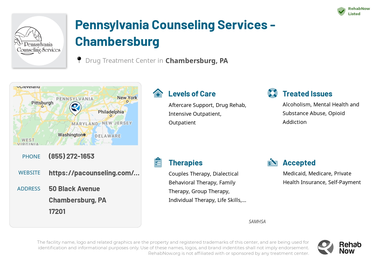 Helpful reference information for Pennsylvania Counseling Services - Chambersburg, a drug treatment center in Pennsylvania located at: 50 Black Avenue, Chambersburg, PA, 17201, including phone numbers, official website, and more. Listed briefly is an overview of Levels of Care, Therapies Offered, Issues Treated, and accepted forms of Payment Methods.
