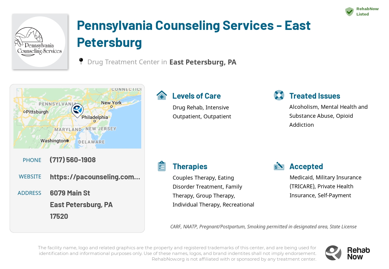 Helpful reference information for Pennsylvania Counseling Services - East Petersburg, a drug treatment center in Pennsylvania located at: 6079 Main St, East Petersburg, PA 17520, including phone numbers, official website, and more. Listed briefly is an overview of Levels of Care, Therapies Offered, Issues Treated, and accepted forms of Payment Methods.