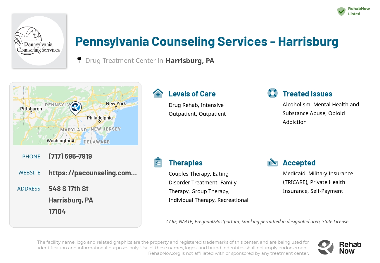 Helpful reference information for Pennsylvania Counseling Services - Harrisburg, a drug treatment center in Pennsylvania located at: 548 S 17th St, Harrisburg, PA 17104, including phone numbers, official website, and more. Listed briefly is an overview of Levels of Care, Therapies Offered, Issues Treated, and accepted forms of Payment Methods.