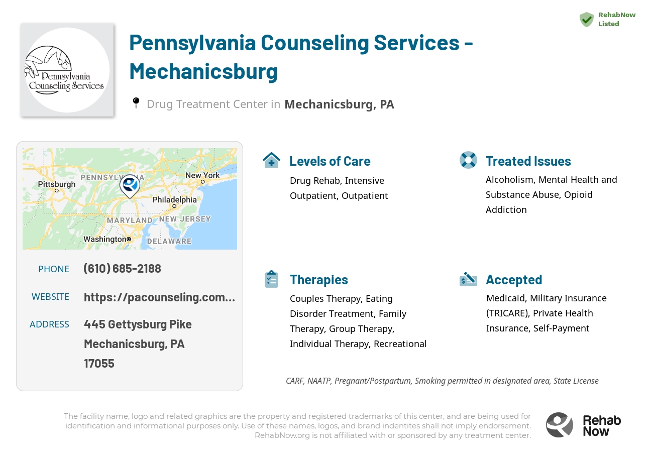 Helpful reference information for Pennsylvania Counseling Services - Mechanicsburg, a drug treatment center in Pennsylvania located at: 445 Gettysburg Pike, Mechanicsburg, PA 17055, including phone numbers, official website, and more. Listed briefly is an overview of Levels of Care, Therapies Offered, Issues Treated, and accepted forms of Payment Methods.