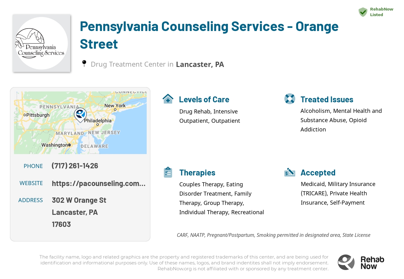 Helpful reference information for Pennsylvania Counseling Services - Orange Street, a drug treatment center in Pennsylvania located at: 302 W Orange St, Lancaster, PA 17603, including phone numbers, official website, and more. Listed briefly is an overview of Levels of Care, Therapies Offered, Issues Treated, and accepted forms of Payment Methods.