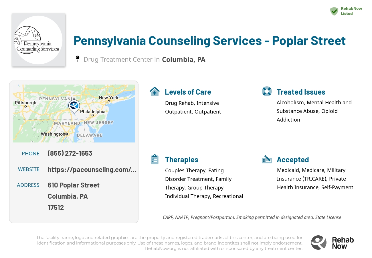 Helpful reference information for Pennsylvania Counseling Services - Poplar Street, a drug treatment center in Pennsylvania located at: 610 Poplar Street, Columbia, PA, 17512, including phone numbers, official website, and more. Listed briefly is an overview of Levels of Care, Therapies Offered, Issues Treated, and accepted forms of Payment Methods.