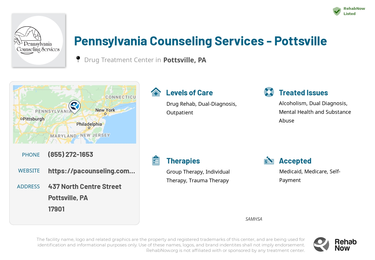Helpful reference information for Pennsylvania Counseling Services - Pottsville, a drug treatment center in Pennsylvania located at: 437 North Centre Street, Pottsville, PA, 17901, including phone numbers, official website, and more. Listed briefly is an overview of Levels of Care, Therapies Offered, Issues Treated, and accepted forms of Payment Methods.