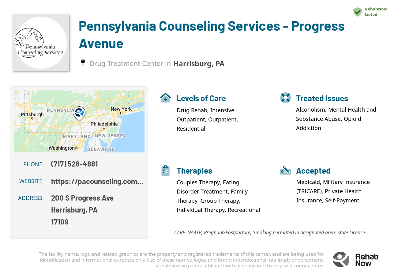 Helpful reference information for Pennsylvania Counseling Services - Progress Avenue, a drug treatment center in Pennsylvania located at: 200 S Progress Ave, Harrisburg, PA 17109, including phone numbers, official website, and more. Listed briefly is an overview of Levels of Care, Therapies Offered, Issues Treated, and accepted forms of Payment Methods.