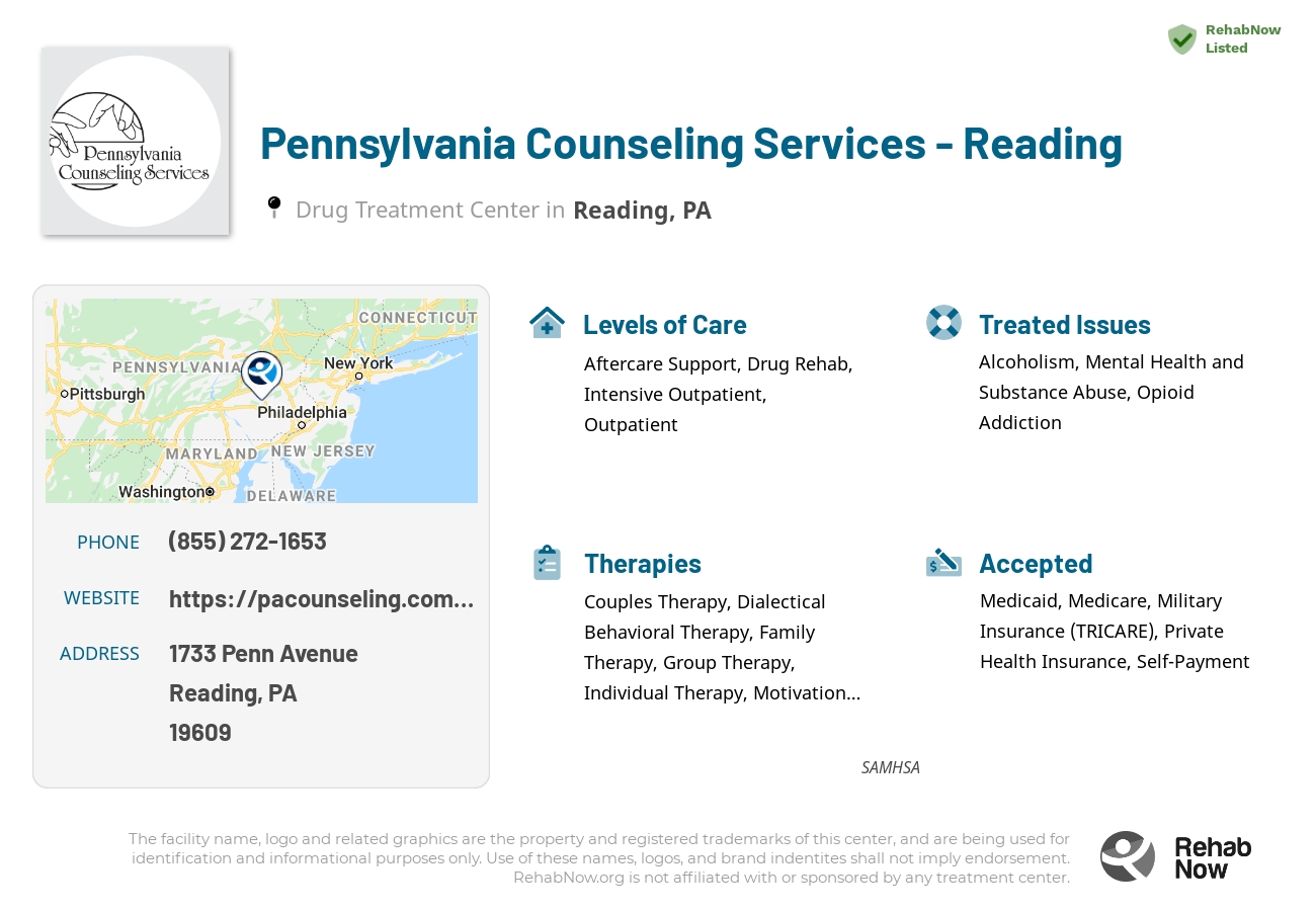 Helpful reference information for Pennsylvania Counseling Services - Reading, a drug treatment center in Pennsylvania located at: 1733 Penn Avenue, Reading, PA, 19609, including phone numbers, official website, and more. Listed briefly is an overview of Levels of Care, Therapies Offered, Issues Treated, and accepted forms of Payment Methods.
