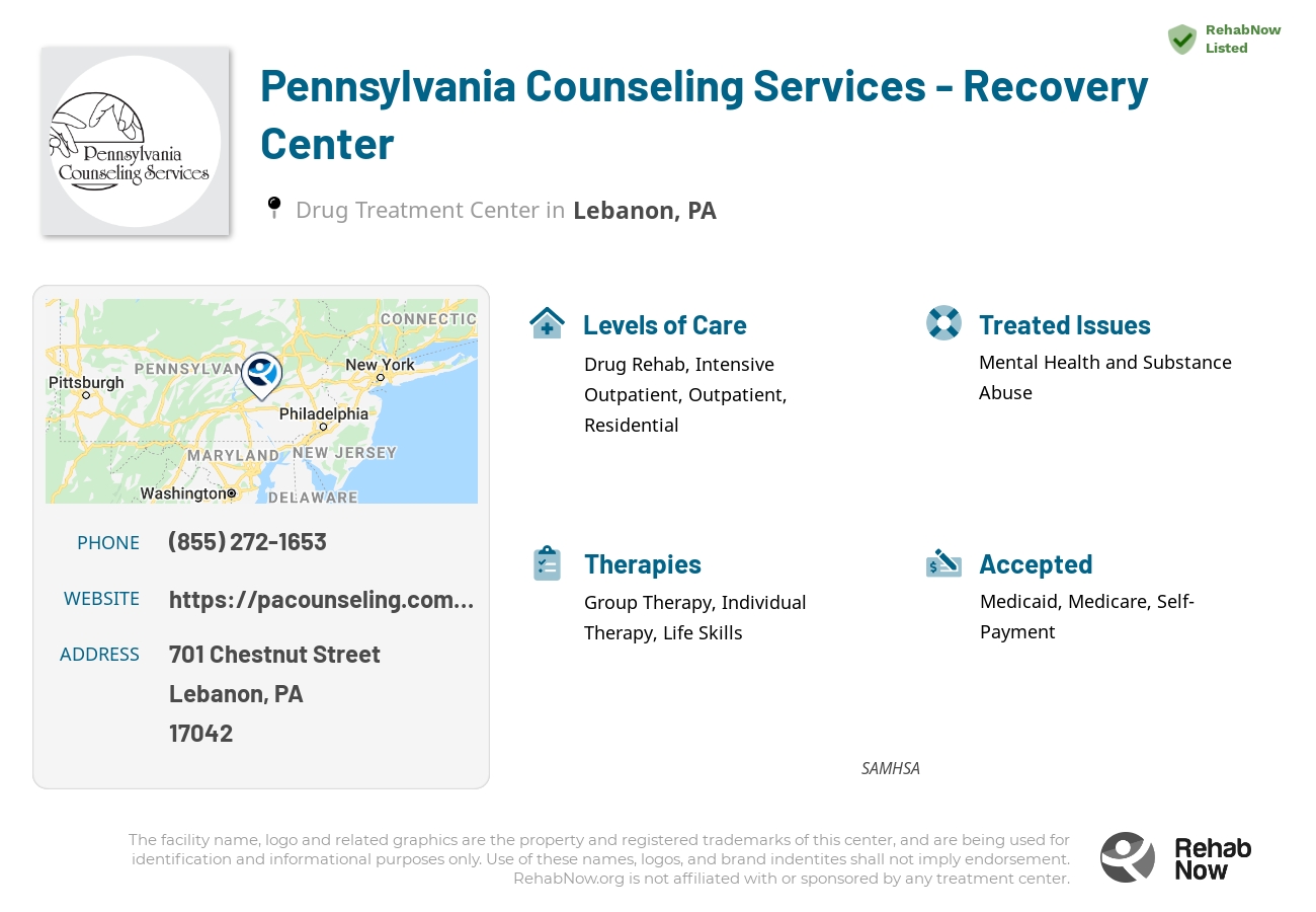 Helpful reference information for Pennsylvania Counseling Services - Recovery Center, a drug treatment center in Pennsylvania located at: 701 Chestnut Street, Lebanon, PA, 17042, including phone numbers, official website, and more. Listed briefly is an overview of Levels of Care, Therapies Offered, Issues Treated, and accepted forms of Payment Methods.