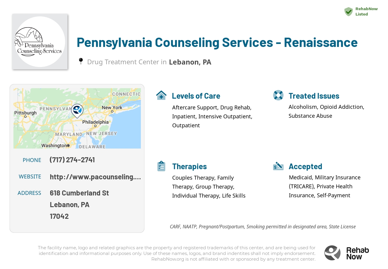 Helpful reference information for Pennsylvania Counseling Services - Renaissance, a drug treatment center in Pennsylvania located at: 618 Cumberland St, Lebanon, PA 17042, including phone numbers, official website, and more. Listed briefly is an overview of Levels of Care, Therapies Offered, Issues Treated, and accepted forms of Payment Methods.
