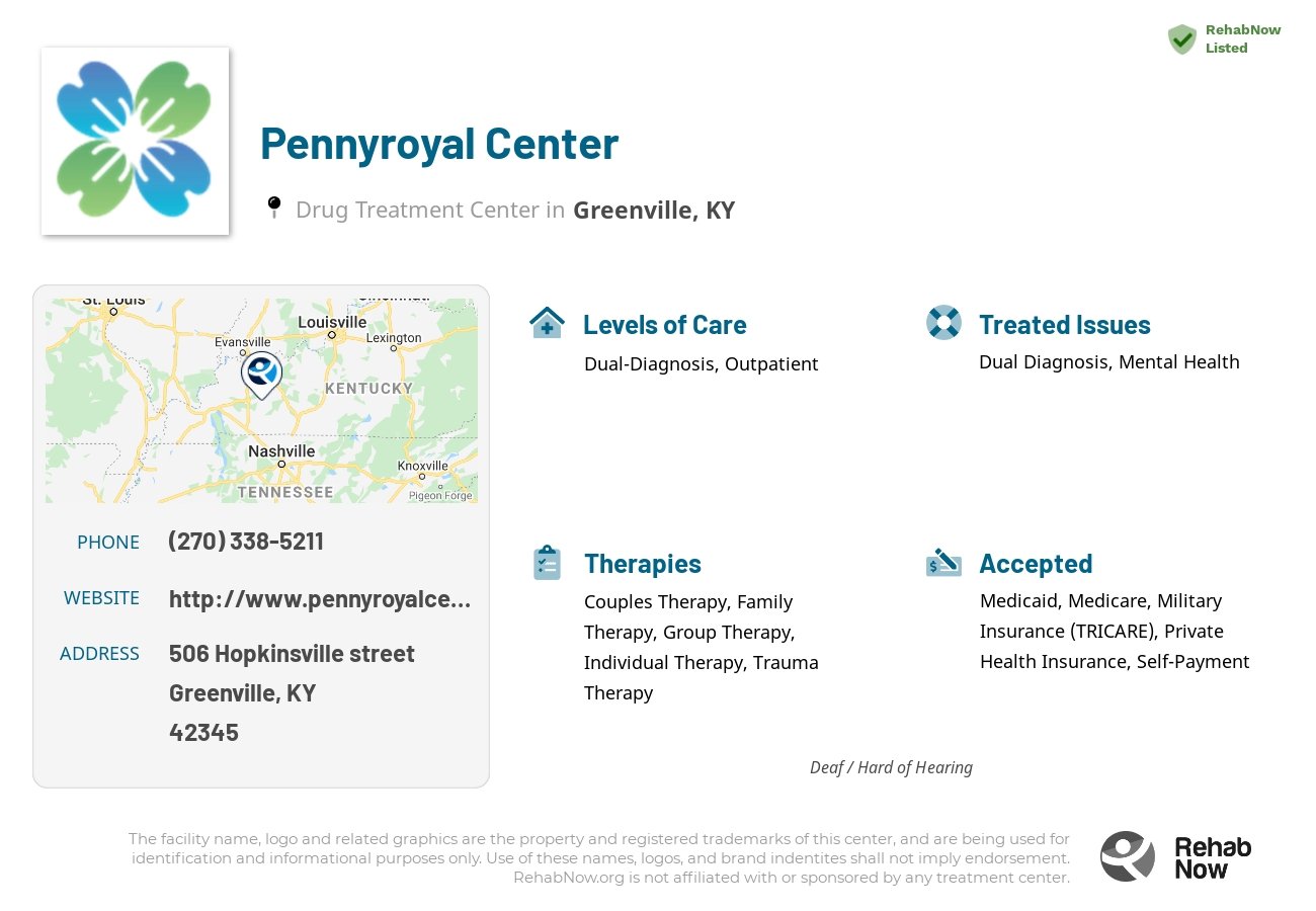 Helpful reference information for Pennyroyal Center, a drug treatment center in Kentucky located at: 506 Hopkinsville street, Greenville, KY, 42345, including phone numbers, official website, and more. Listed briefly is an overview of Levels of Care, Therapies Offered, Issues Treated, and accepted forms of Payment Methods.