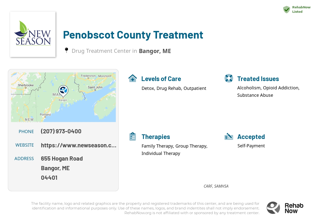 Helpful reference information for Penobscot County Treatment, a drug treatment center in Maine located at: 655 Hogan Road, Bangor, ME, 04401, including phone numbers, official website, and more. Listed briefly is an overview of Levels of Care, Therapies Offered, Issues Treated, and accepted forms of Payment Methods.