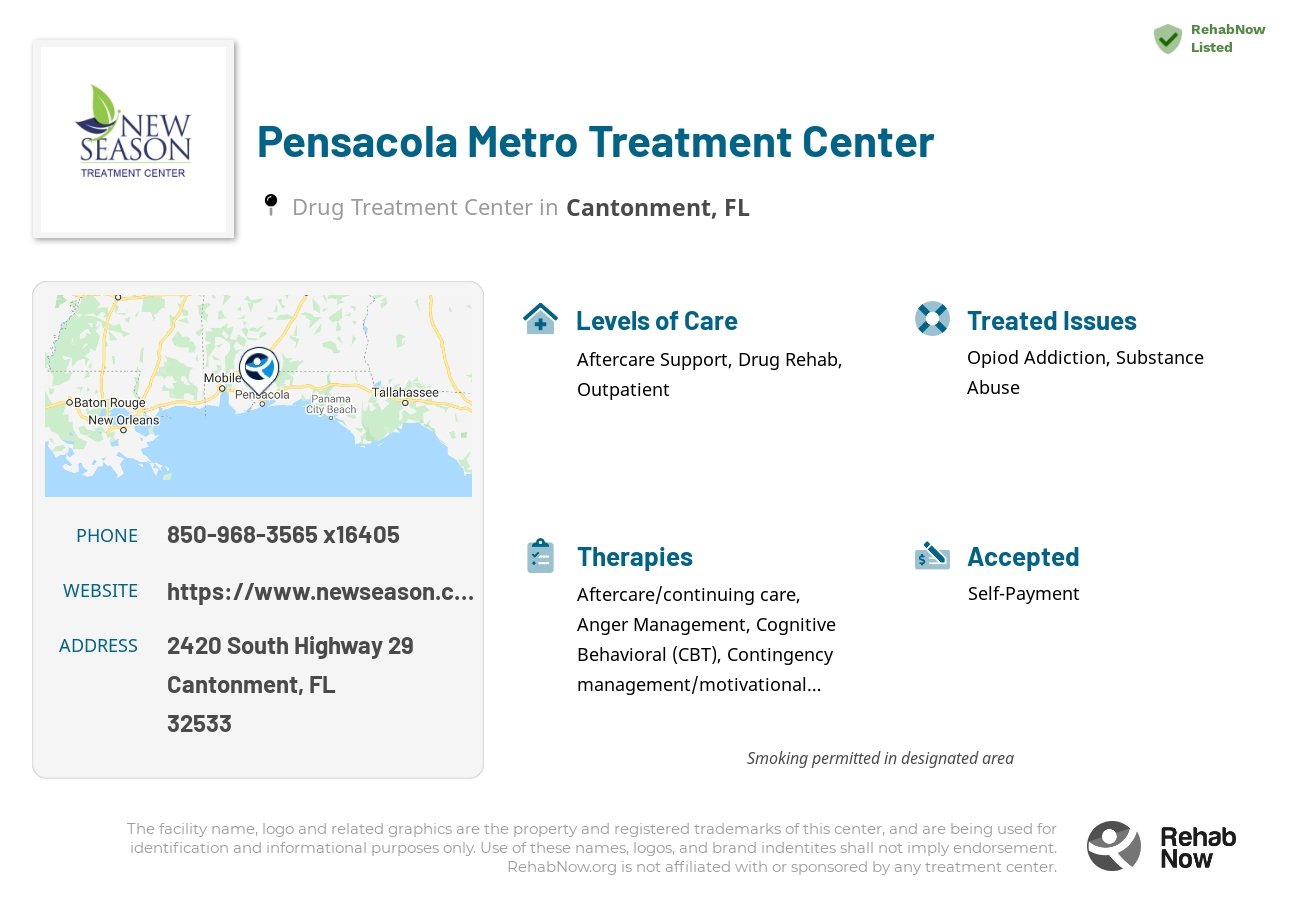 Helpful reference information for Pensacola Metro Treatment Center, a drug treatment center in Florida located at: 2420 South Highway 29, Cantonment, FL 32533, including phone numbers, official website, and more. Listed briefly is an overview of Levels of Care, Therapies Offered, Issues Treated, and accepted forms of Payment Methods.