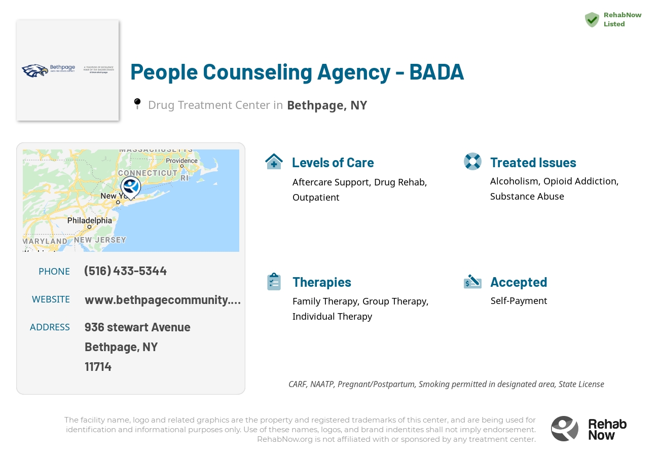 Helpful reference information for People Counseling Agency - BADA, a drug treatment center in New York located at: 936 stewart Avenue, Bethpage, NY, 11714, including phone numbers, official website, and more. Listed briefly is an overview of Levels of Care, Therapies Offered, Issues Treated, and accepted forms of Payment Methods.