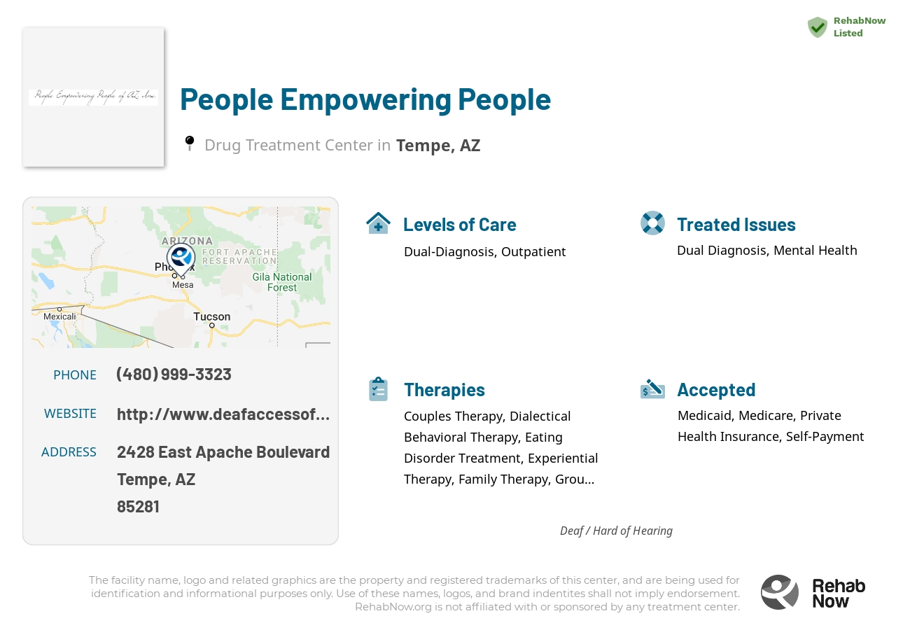Helpful reference information for People Empowering People, a drug treatment center in Arizona located at: 2428 2428 East Apache Boulevard, Tempe, AZ 85281, including phone numbers, official website, and more. Listed briefly is an overview of Levels of Care, Therapies Offered, Issues Treated, and accepted forms of Payment Methods.