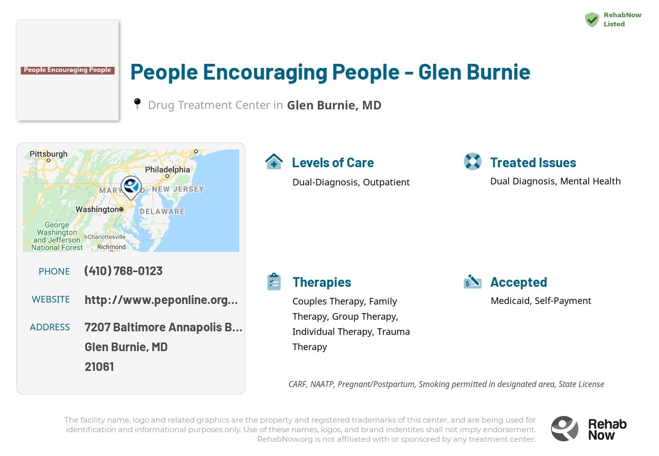 Helpful reference information for People Encouraging People - Glen Burnie, a drug treatment center in Maryland located at: 7207 Baltimore Annapolis Blvd, Glen Burnie, MD 21061, including phone numbers, official website, and more. Listed briefly is an overview of Levels of Care, Therapies Offered, Issues Treated, and accepted forms of Payment Methods.